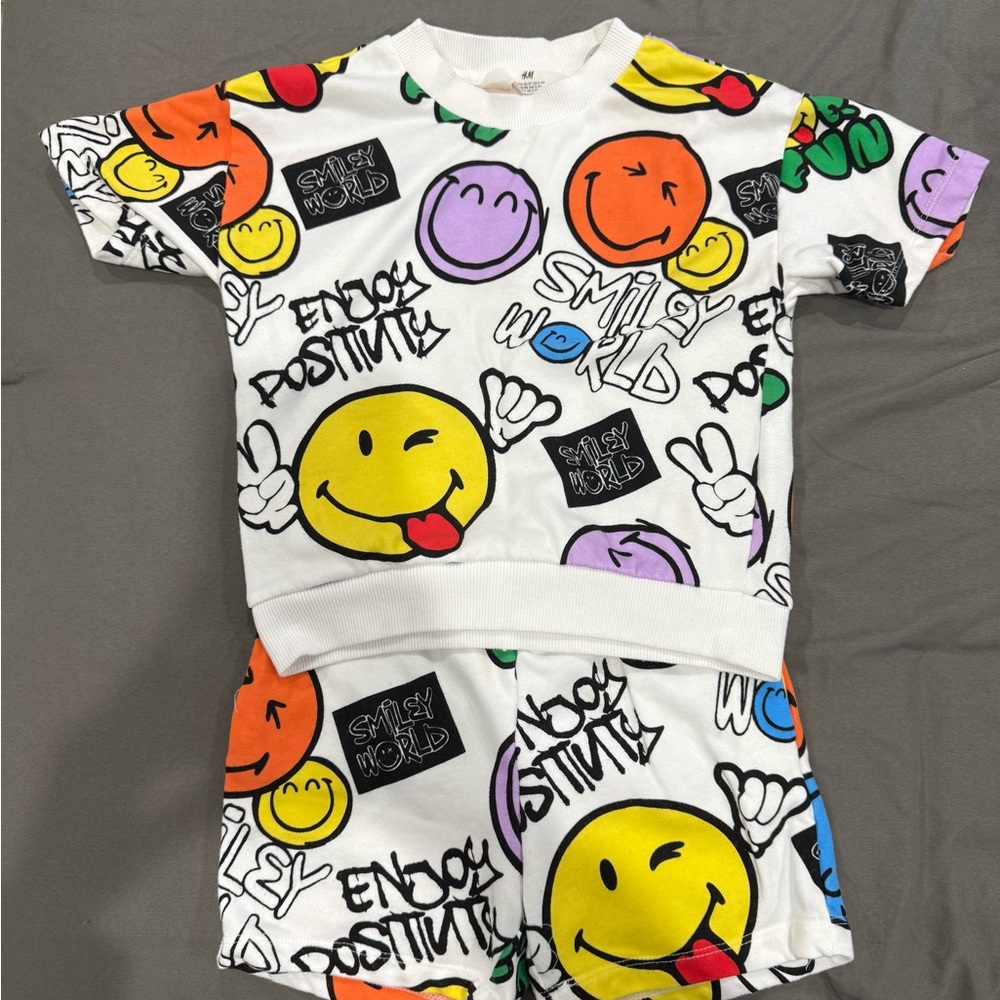 H&M Kids Matching Set - White with Multicolor Smiley Faces
